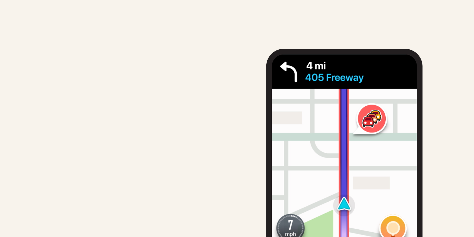 Screenshot of the Waze app showing real-time traffic updates and route suggestions, adapted to the user's current location.